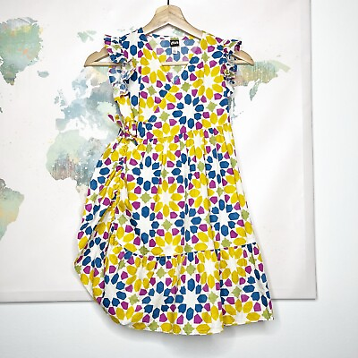 #ad Tea Collection Dress Size 7 Wrap Geometric Floral Yellow Blue Pink Cotton $23.79