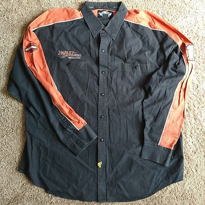 #ad Vintage Harley Davidson Black Orange Mens Button Shirt Biker Long Sleeve 2XL $25.00