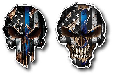 #ad 2pk small Thin Blue Line Skull Decal Sticker Car Truck Yeti Police Officer Cop $5.08