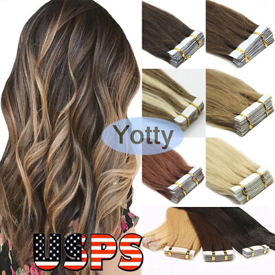 #ad Tape in Hair Extensions Real Human Hair Seamless Skin Wefts Highlight Ombre Hair $24.70