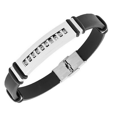 #ad Stainless Steel Black Rubber Silver Tone White Crystals CZ Mens Bangle Bracelet $14.99