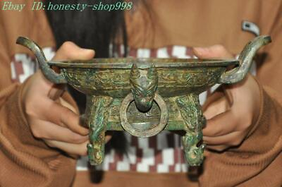 #ad 9.6quot; Chinese dynasty bronze ware beast head Inscription statue fruit dish plate $208.25