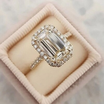 #ad 14K White Gold Over 4CT Emerald Cut VVS1 Moissanite Halo Engagement Wedding Ring $281.20