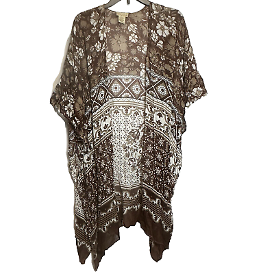 #ad Nalini Floral Kimono One Size Brown Floral Open Front Side Slits Sheer Coverup $22.98
