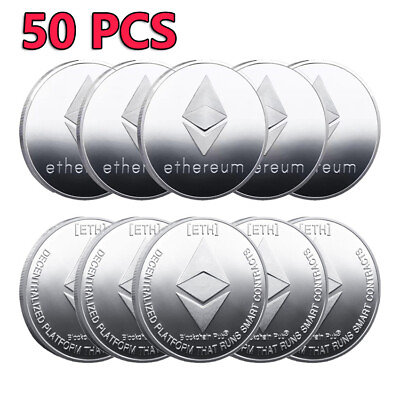 #ad 50PCS Novelty ETH Collectible Commemorative Coin Crypto Silver Ethereum Coin $69.39