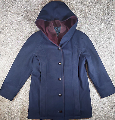 #ad VTG MacKintosh Navy Blue Lined Heavy Coat w Hood Wine Warm 100% Wool Sz 6 8 $32.87