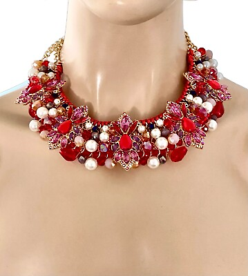 #ad Embellished Statement Chunky Crystal amp; Faux Pearl Necklace Set Costume Jewelry $55.10