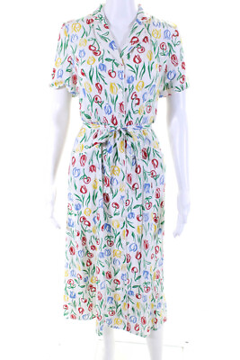 #ad HVN Womens Button Front Belted Tulip Silk Midi Dress White Multi Size 2 $95.01