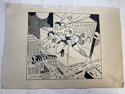 #ad Joe Shuster Drawing on paper Handmade signed and stamped mixed media vtg art $130.00