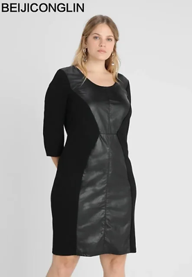 #ad #ad Plus Size Elegant Office Dress Women Quarters Sleeve Knee Length Solid Black Pu $39.16
