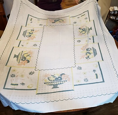 #ad Vintage Printed Cotton Kitchen Patio Picnic Tablecloth Green Fruit Flowers 51x66 $13.00