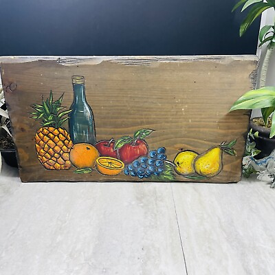 #ad Vintage Retro Hand Painted Fruits Wood Plaque Colorful Carved 20” Rectangular $36.99