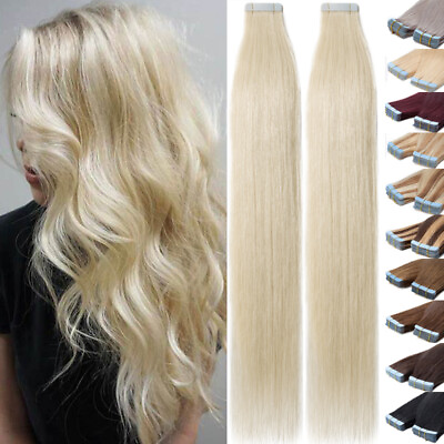 #ad 12 24Inch Blonde Tape In 100% Remy Skin Weft Human Hair Extensions Real Thick 8A $106.34