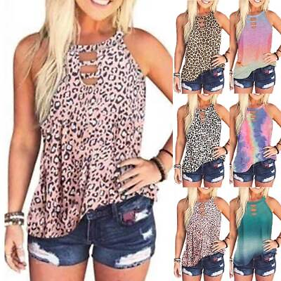 #ad Womens Leopard Hollow Casual Tank Tops Ladies Summer Vest T Shirt Tunic Blouse $17.08