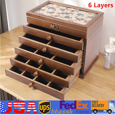 #ad Large Vintage Wooden Jewelry Box 6 Layers Necklace Organizer Storage Box Gift $51.45
