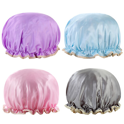 #ad 4pcs Women Girls Shower Cap Lined Double Layer Waterproof Hair Bath Hats Elastic $11.99