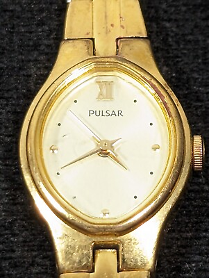 #ad Vintage Pulsar Gold Tone Dial Oval Case Textured Bracelet Band Watch 6 Inch $20.99