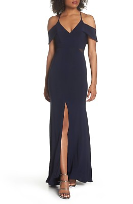#ad XSCAPE Navy Blue Illusion Mesh Cutout Cold Shoulder V Neck Jersey Mermaid Gown 2 $39.20