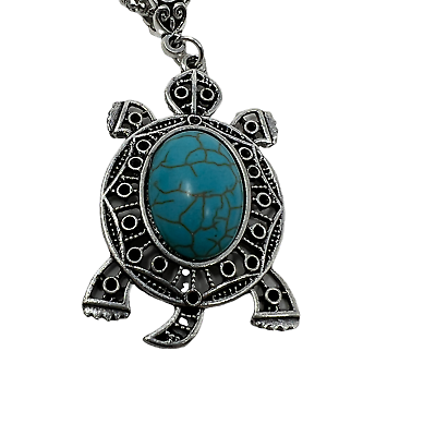#ad Turtle Necklace Silver Tone Faux Turquoise Scroll Openwork 16 19 in $9.99