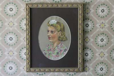 #ad Vintage Pastel Painting of Blonde Woman in Gold Frame Oval Matte 20 X 16 $58.00