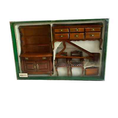 #ad Vintage Dollhouse Furniture 6 Piece Set Harp Chairs Buffet Hutch Original Box $34.99