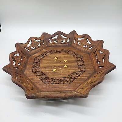 #ad 10quot; Carved Wood Tray With Floral Brass Inlay Vintage $29.99