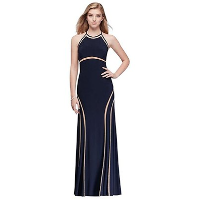 #ad 💙 XSCAPE Navy Blue Nude Sheer Illusion Mesh Inset Jersey Halter Mermaid Gown 4 $39.20