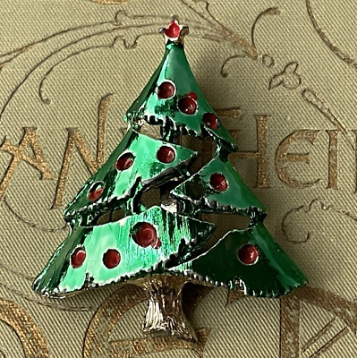 #ad Vintage Christmas Tree Brooch Shaggy Green Red Ornaments Star Holiday Lapel Pin $18.00