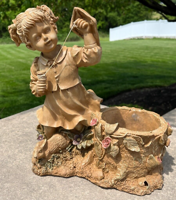 #ad Rare Vintage Decorative Girl w Kite Bunny Flower Pot for Garden Very Unique $39.95