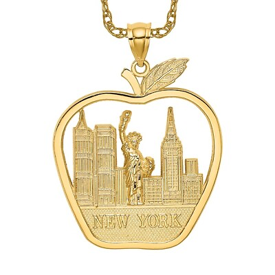 #ad 14K Yellow Gold New York Apple Skyline Statue of Liberty Necklace Charm Pendant $704.00