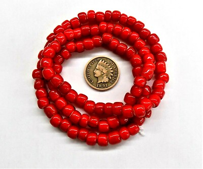 #ad Cherry Red White Heart African Trade Beads Strand 100 PC L815 $13.75