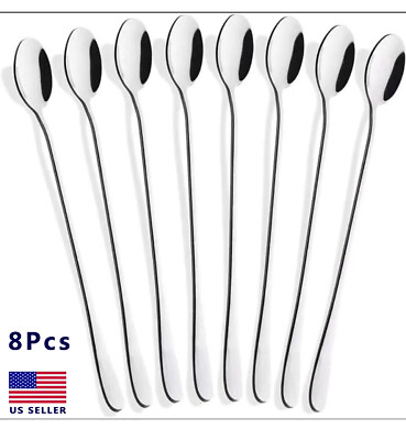 #ad 8PCS Long Stainless Steel Ice Cream Cocktail Teaspoons Coffee Soup Tea Spoons $9.39