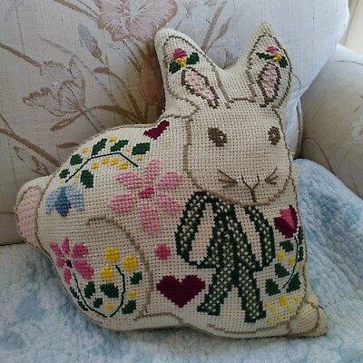 #ad Vintage Multicolor Cross Stitch Needlepoint Floral Spring Bunny Pillow $24.99