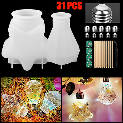 #ad 31pcs DIY Silicone Resin Light Bulb Molds Set Chip Base Cover Epoxy Making Mould $14.98