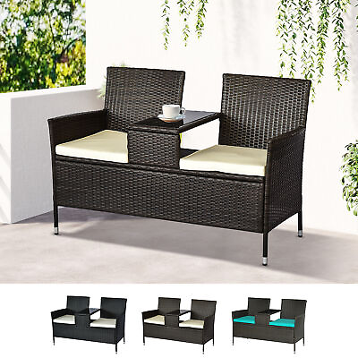 #ad Outdoor Patio 2 Seat Rattan Wicker Chair Bench with Tea Table Padded Sofa $122.17