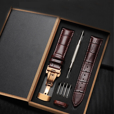 #ad 18mm 24mm Genuine Leather Butterfly Clasp Buckle Watch Band Strap Wristwatch GBP 6.24