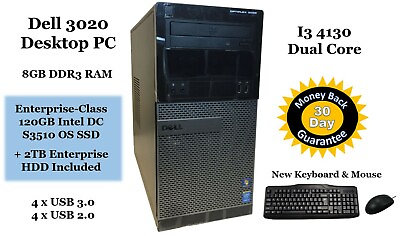 Dell 3020 PC Intel i3 4130 3.4GHz 8GB RAM 120GB SSD 2TB HDD GPU HDMI Win 10 Pro $199.95