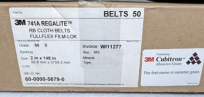 #ad 3M Cloth Belt 741A Cubitron Fullflex Film Lok 2quot;x148quot; 80 Grit Box of 50 NIB $249.00