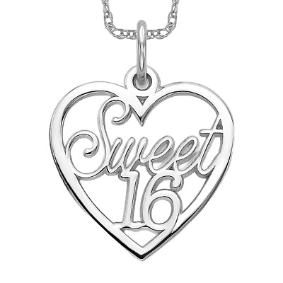 #ad 10K White Gold Sweet 16 inch Heart Love Necklace Charm Pendant $142.00