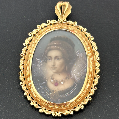 #ad 18K 750 Yellow Gold Antique Portrait Floral Scroll Framed Woman Pin Pendant $2099.00