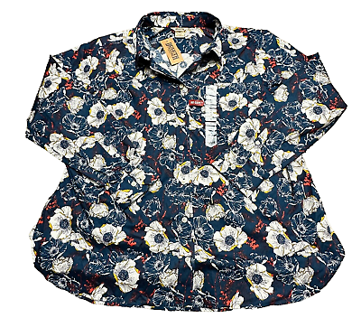 #ad Duluth Trading Co Plus Wrinklefighter Button Up Blue Floral Shirt 1X No Gape $16.74