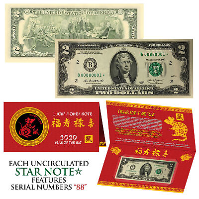 #ad 2020 STAR NOTE Lunar Year of the RAT Lucky Money $2 US Bill w Red Folder S N 88 $19.95