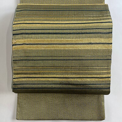 #ad Fukuro Obi Excellent Striped Gold Thread Brown Green Drum Pattern Pure Silk Used $162.99