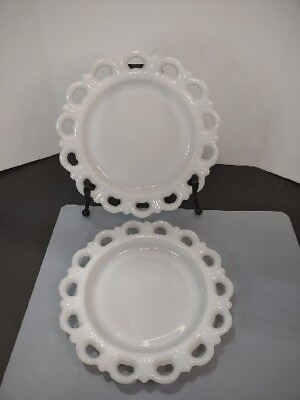 #ad 2 VTG Anchor Hocking Milk Glass quot;0ld Colony Lacequot; 8in. Plates Great Cond. $23.00
