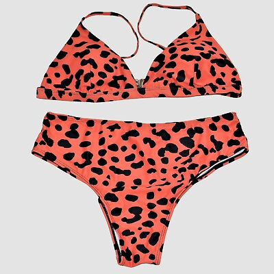 #ad Triangle Bikini 2 Piece High Waist Swimsuit Orange Black Leopard Medium $9.09