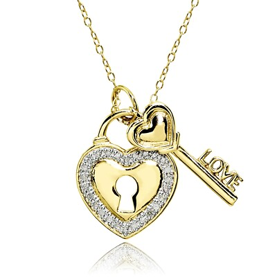 #ad LOVE Key Heart Lock 1 10ct TDW Diamond Gold Plated 925 Pendant Necklace JK I3 $39.99