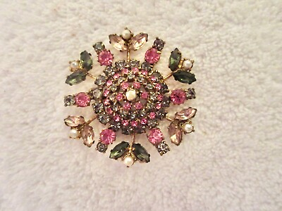 #ad Antique Pink Gray Paste Crystal Floral Brooch Trumpet Clasp Victorian Superb $159.99