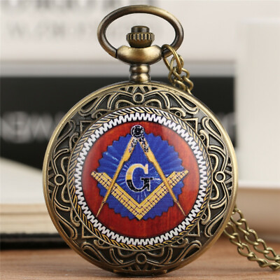 #ad Mens Mystical Freemason Pocket Quartz Watch with Chain Bronze Case Round Watches $4.55