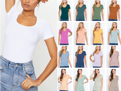 #ad Women#x27;s Basic T Shirt Scoop Neck Cotton Short Sleeve Solid Knit Plain Top Fitted $9.99