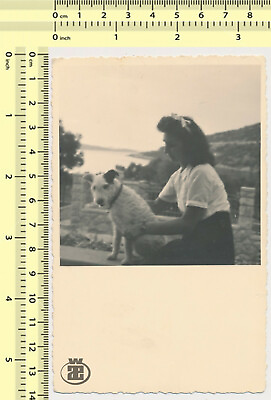 #ad 089 Woman with Terrier Dog Canine Lady Abstract Portrait vintage photo original $17.10